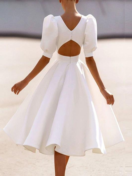 Fashion Solid Puff Mid Sleeve Big Swing Midi Dresses - LuckyFash™