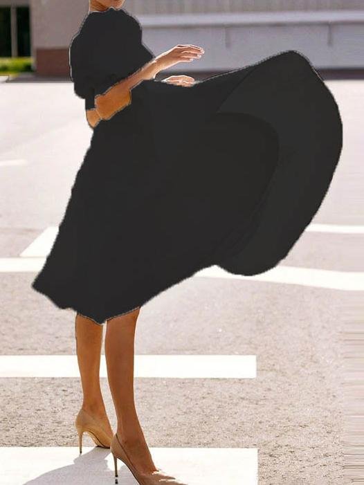 Fashion Solid Puff Mid Sleeve Big Swing Midi Dresses - LuckyFash™