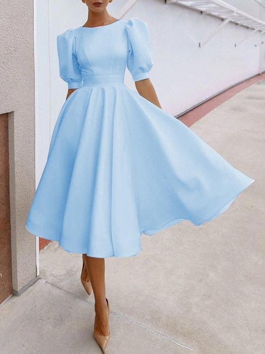 Fashion Solid Puff Mid Sleeve Big Swing Midi Dresses - LuckyFash™