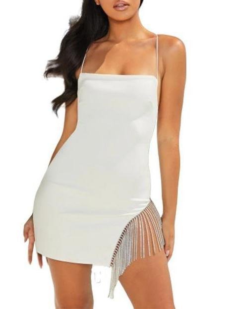 Fashion Solid Sling Split Hem Diamond Tassel Mini Dress - LuckyFash™