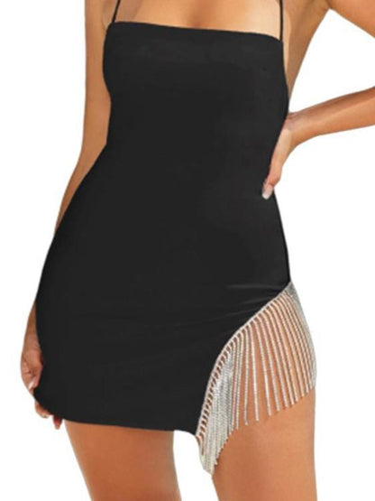 Fashion Solid Sling Split Hem Diamond Tassel Mini Dress - LuckyFash™