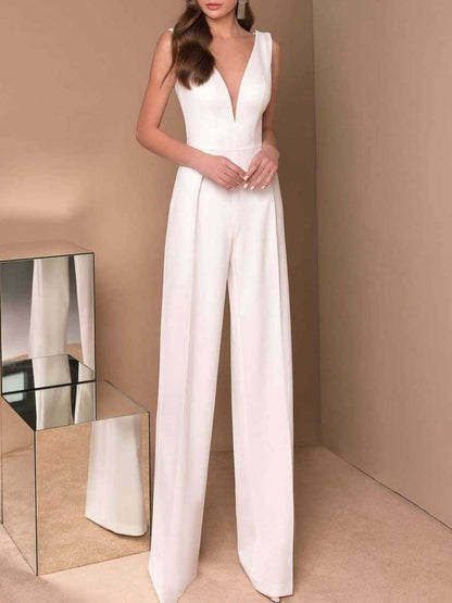 Fashion Solid V Neck Sleeveless Laced Back Jumpsuits - LuckyFash™