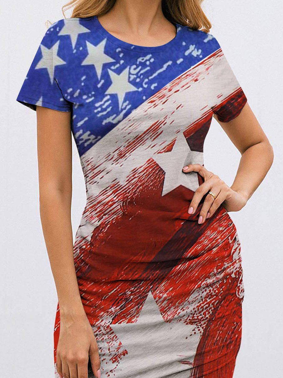 Fashion Star Print Short Sleeve Striped Skirt - LuckyFash™