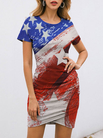 Fashion Star Print Short Sleeve Striped Skirt - LuckyFash™