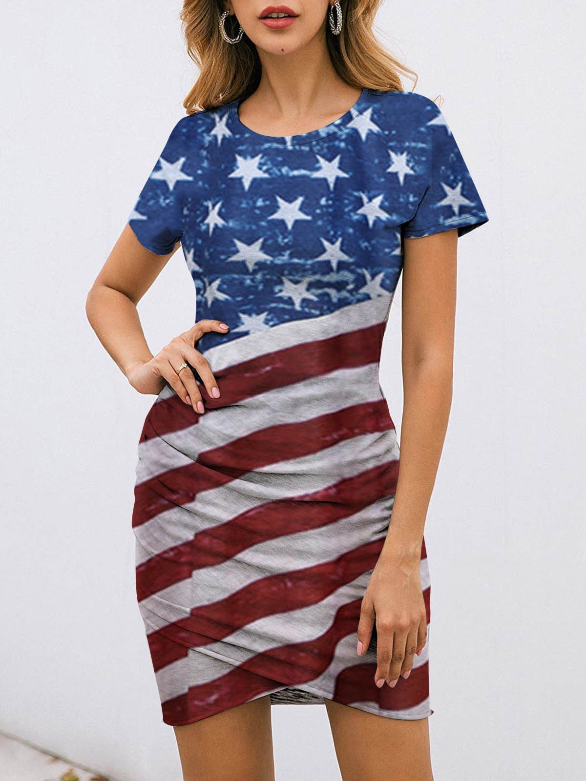 Fashion Star Print Short Sleeve Striped Skirt - LuckyFash™