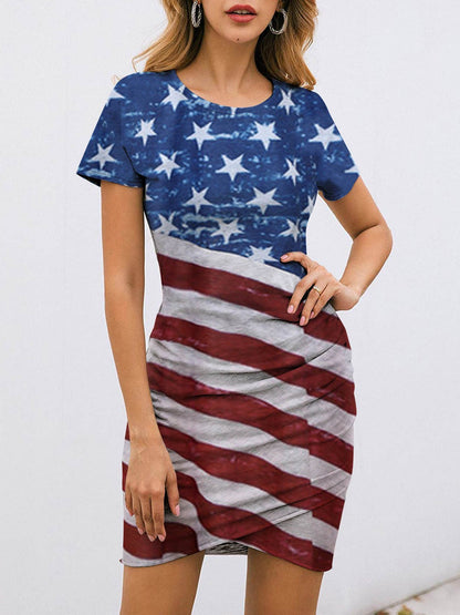 Fashion Star Print Short Sleeve Striped Skirt - LuckyFash™