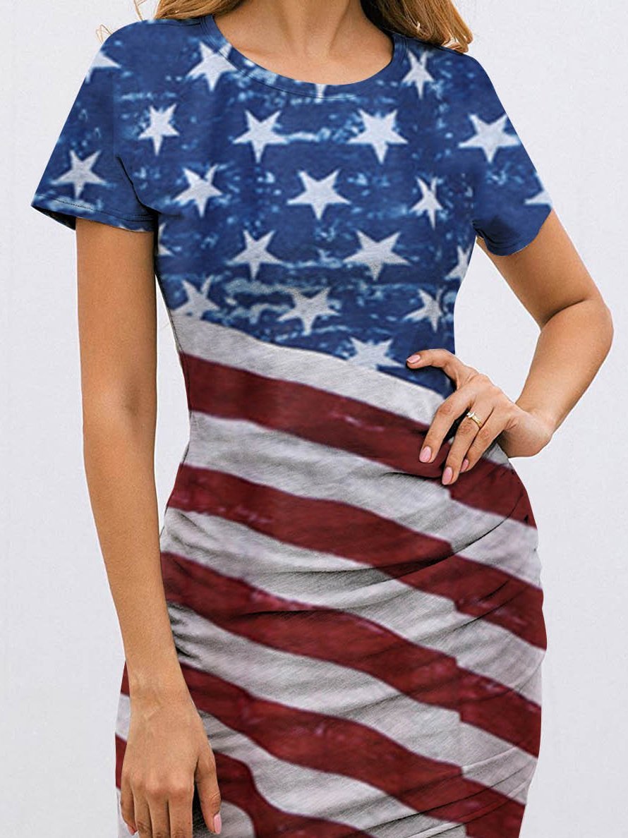 Fashion Star Print Short Sleeve Striped Skirt - LuckyFash™