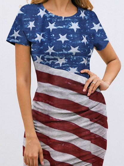 Fashion Star Print Short Sleeve Striped Skirt - LuckyFash™