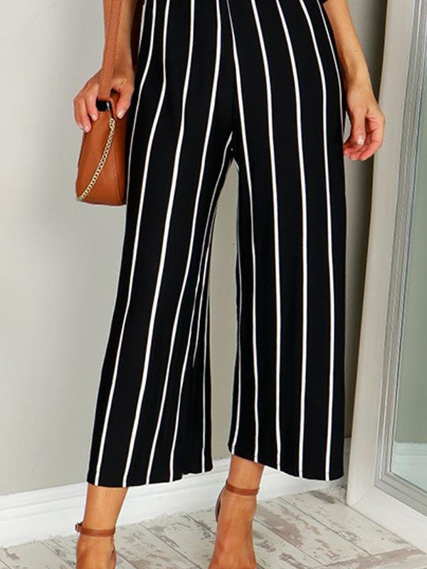 Fashion Stripes V Neck Short Sleeve Jumpsuit - LuckyFash™