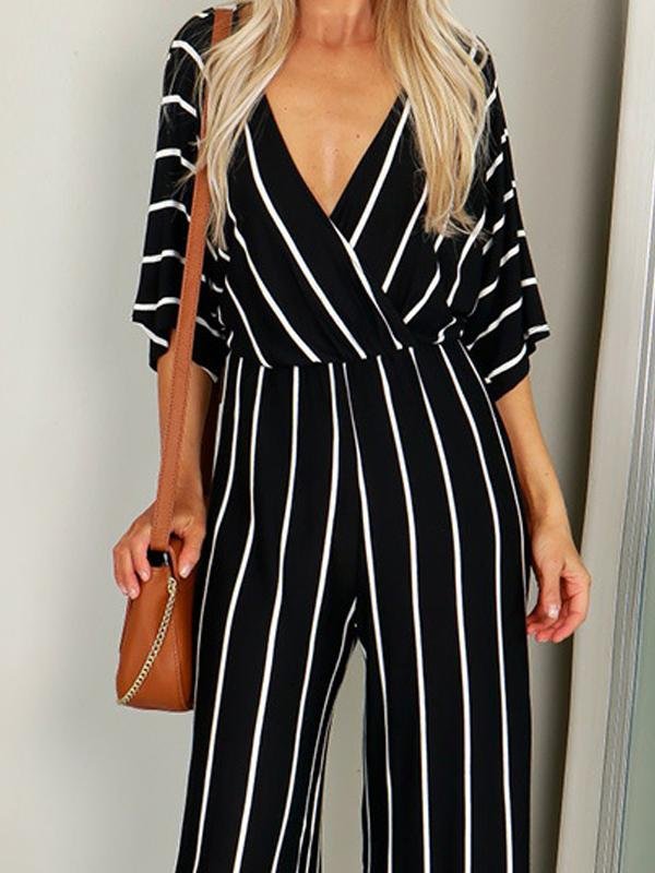 Fashion Stripes V Neck Short Sleeve Jumpsuit - LuckyFash™