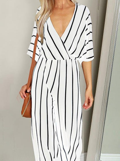 Fashion Stripes V Neck Short Sleeve Jumpsuit - LuckyFash™