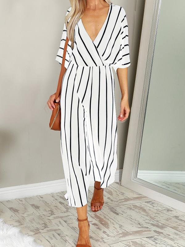 Fashion Stripes V Neck Short Sleeve Jumpsuit - LuckyFash™