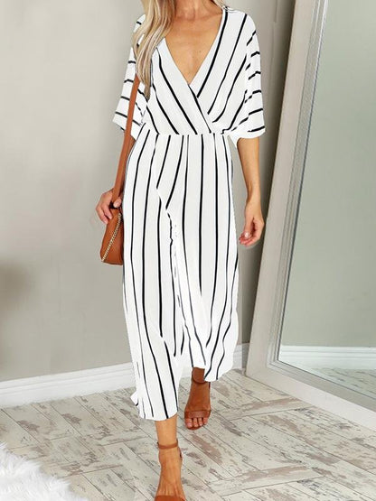 Fashion Stripes V Neck Short Sleeve Jumpsuit - LuckyFash™