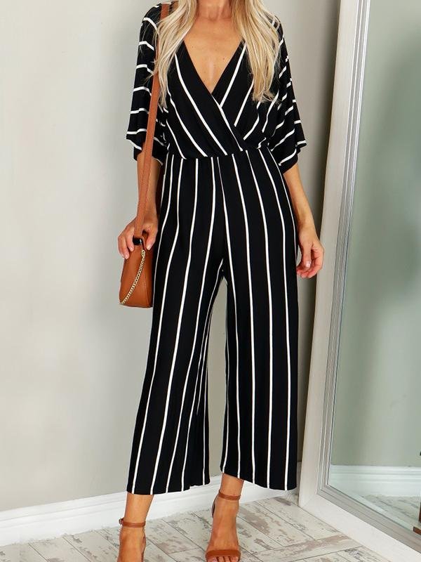 Fashion Stripes V Neck Short Sleeve Jumpsuit - LuckyFash™