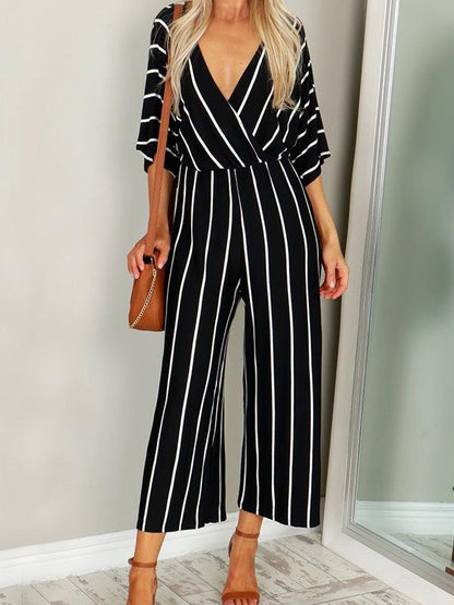 Fashion Stripes V Neck Short Sleeve Jumpsuit - LuckyFash™