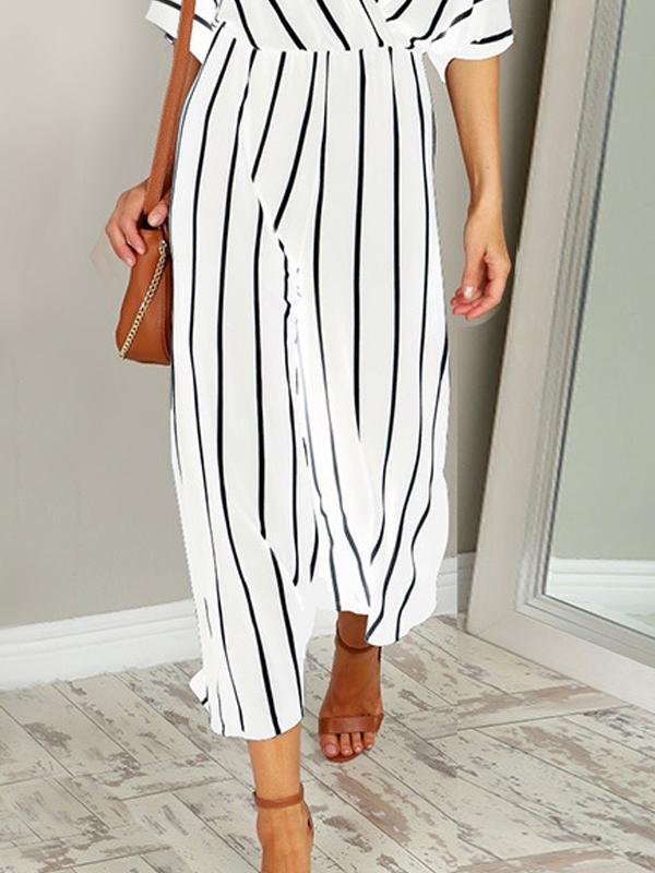 Fashion Stripes V Neck Short Sleeve Jumpsuit - LuckyFash™