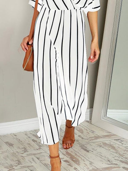 Fashion Stripes V Neck Short Sleeve Jumpsuit - LuckyFash™