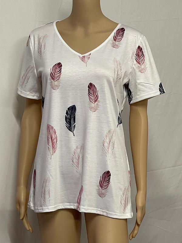 Fashion Summer Feather Print V-neck Short-sleeved Top - LuckyFash™