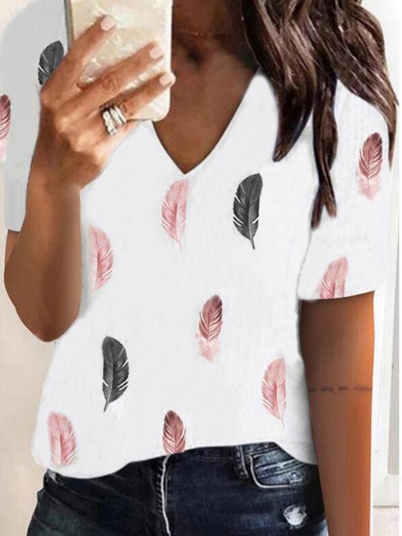 Fashion Summer Feather Print V-neck Short-sleeved Top - LuckyFash™