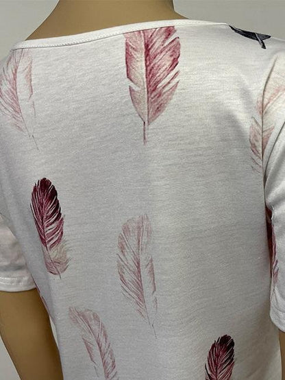Fashion Summer Feather Print V-neck Short-sleeved Top - LuckyFash™