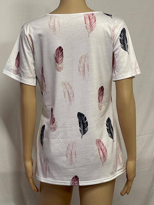 Fashion Summer Feather Print V-neck Short-sleeved Top - LuckyFash™