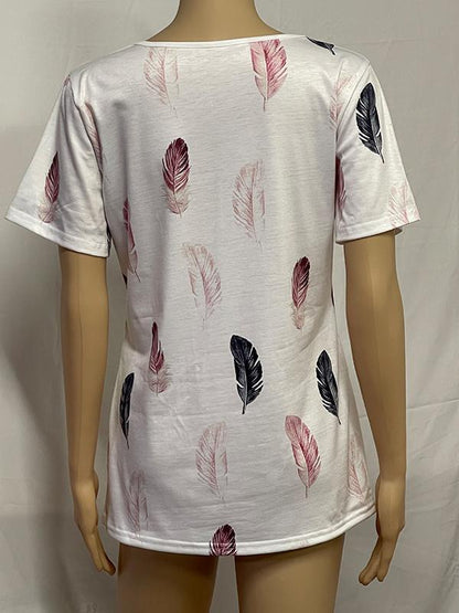 Fashion Summer Feather Print V-neck Short-sleeved Top - LuckyFash™