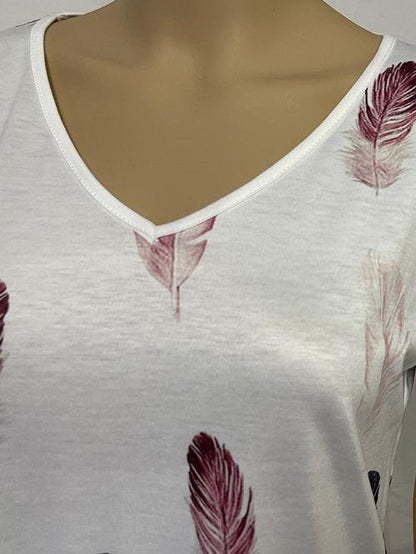 Fashion Summer Feather Print V-neck Short-sleeved Top - LuckyFash™