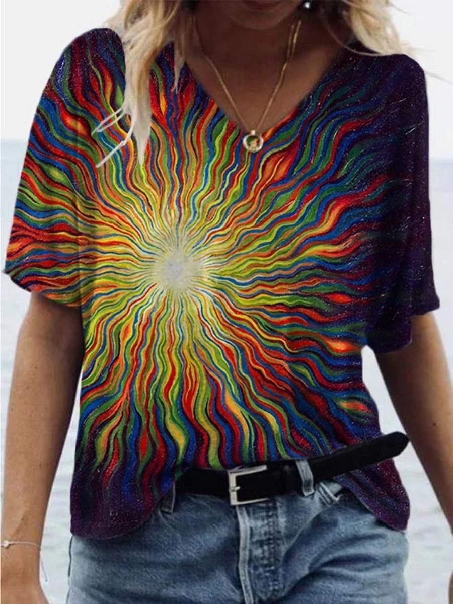 Fashion Sun Print V-neck T-shirt - LuckyFash™
