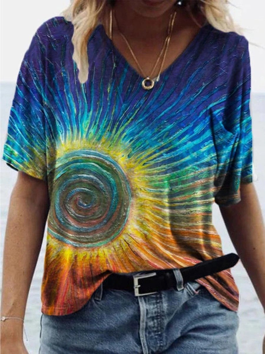 Fashion Sun Print V-neck T-shirt - LuckyFash™