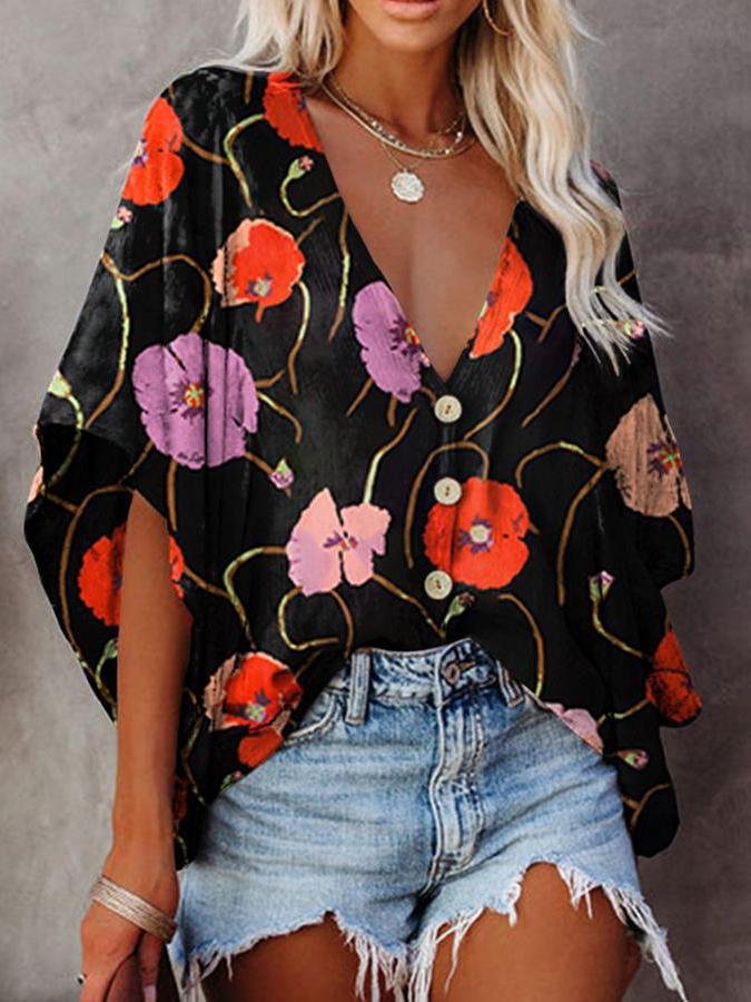 Fashion V-neck Bat Sleeve Floral Print Blouse - LuckyFash™