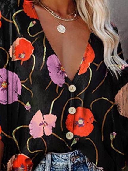 Fashion V-neck Bat Sleeve Floral Print Blouse - LuckyFash™