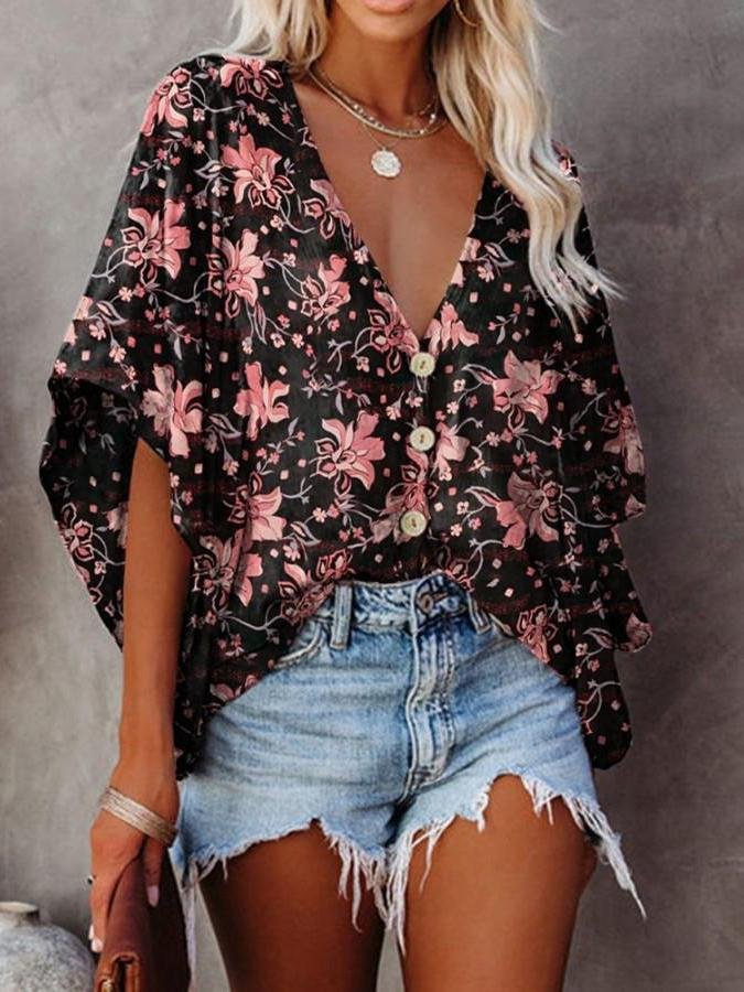 Fashion V-neck Bat Sleeve Floral Print Blouse - LuckyFash™