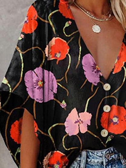 Fashion V-neck Bat Sleeve Floral Print Blouse - LuckyFash™