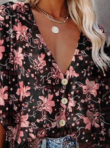 Fashion V-neck Bat Sleeve Floral Print Blouse - LuckyFash™