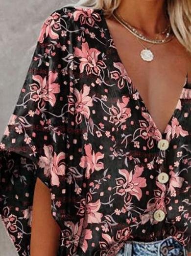 Fashion V-neck Bat Sleeve Floral Print Blouse - LuckyFash™