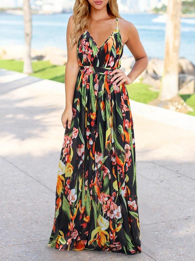 Fashion V-neck Bohemian Floral Sling Long Skirt - LuckyFash™