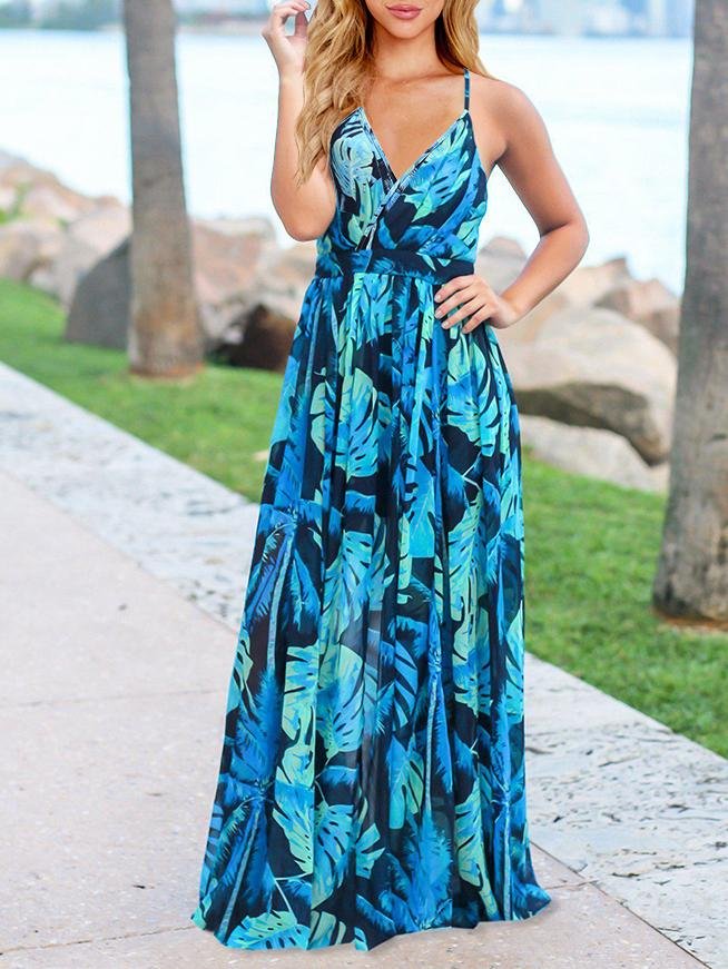 Fashion V-neck Bohemian Floral Sling Long Skirt - LuckyFash™