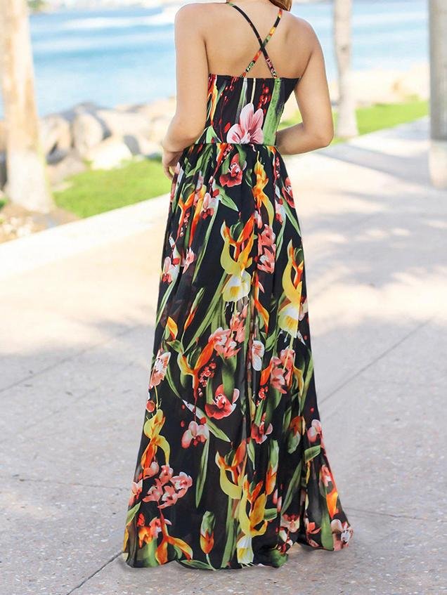 Fashion V-neck Bohemian Floral Sling Long Skirt - LuckyFash™