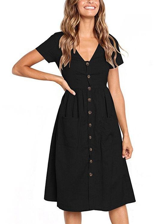 Fashion V-neck Button Pocket Short Sleeve Dress - LuckyFash™