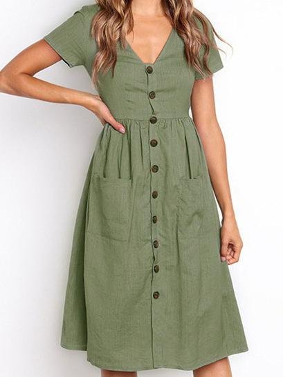 Fashion V-neck Button Pocket Short Sleeve Dress - LuckyFash™