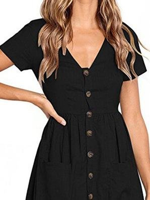 Fashion V-neck Button Pocket Short Sleeve Dress - LuckyFash™