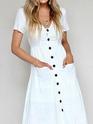 Fashion V-neck Button Pocket Short Sleeve Dress - LuckyFash™