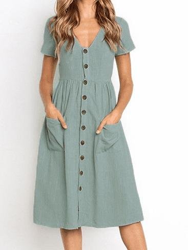 Fashion V-neck Button Pocket Short Sleeve Dress - LuckyFash™