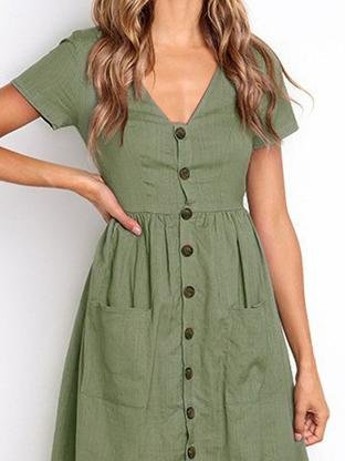 Fashion V-neck Button Pocket Short Sleeve Dress - LuckyFash™
