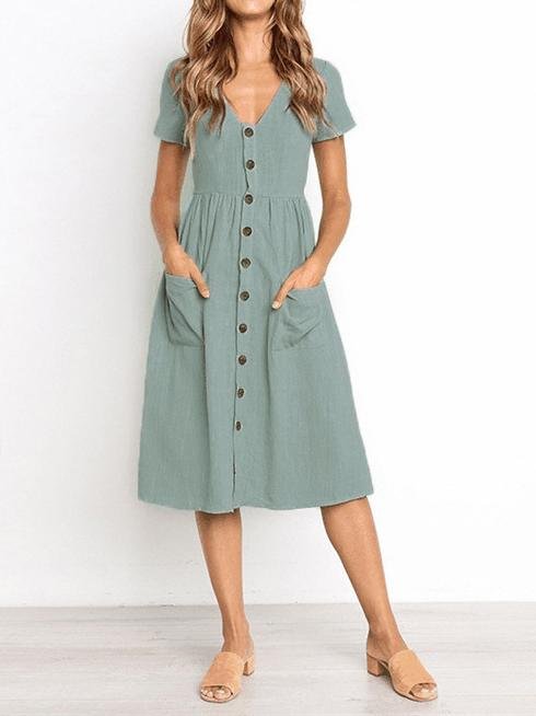 Fashion V-neck Button Pocket Short Sleeve Dress - LuckyFash™