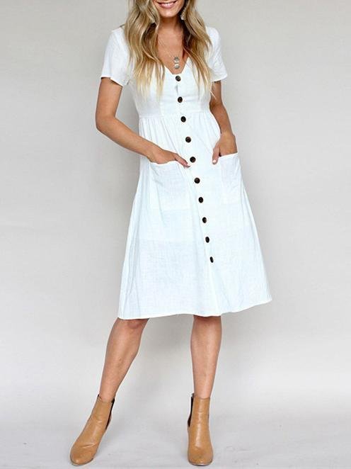 Fashion V-neck Button Pocket Short Sleeve Dress - LuckyFash™