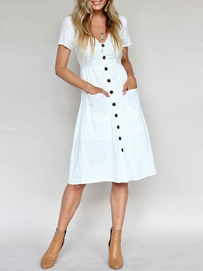 Fashion V-neck Button Pocket Short Sleeve Dress - LuckyFash™