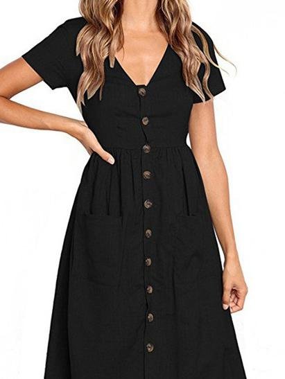 Fashion V-neck Button Pocket Short Sleeve Dress - LuckyFash™