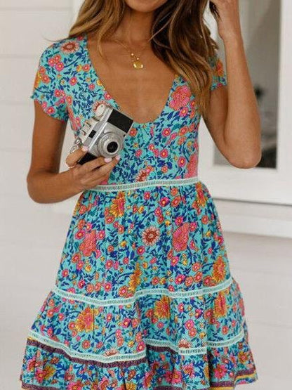 Fashion V-neck Cutout Short Sleeve Bohemian Print Dress - LuckyFash™
