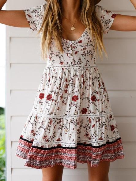 Fashion V-neck Cutout Short Sleeve Bohemian Print Dress - LuckyFash™